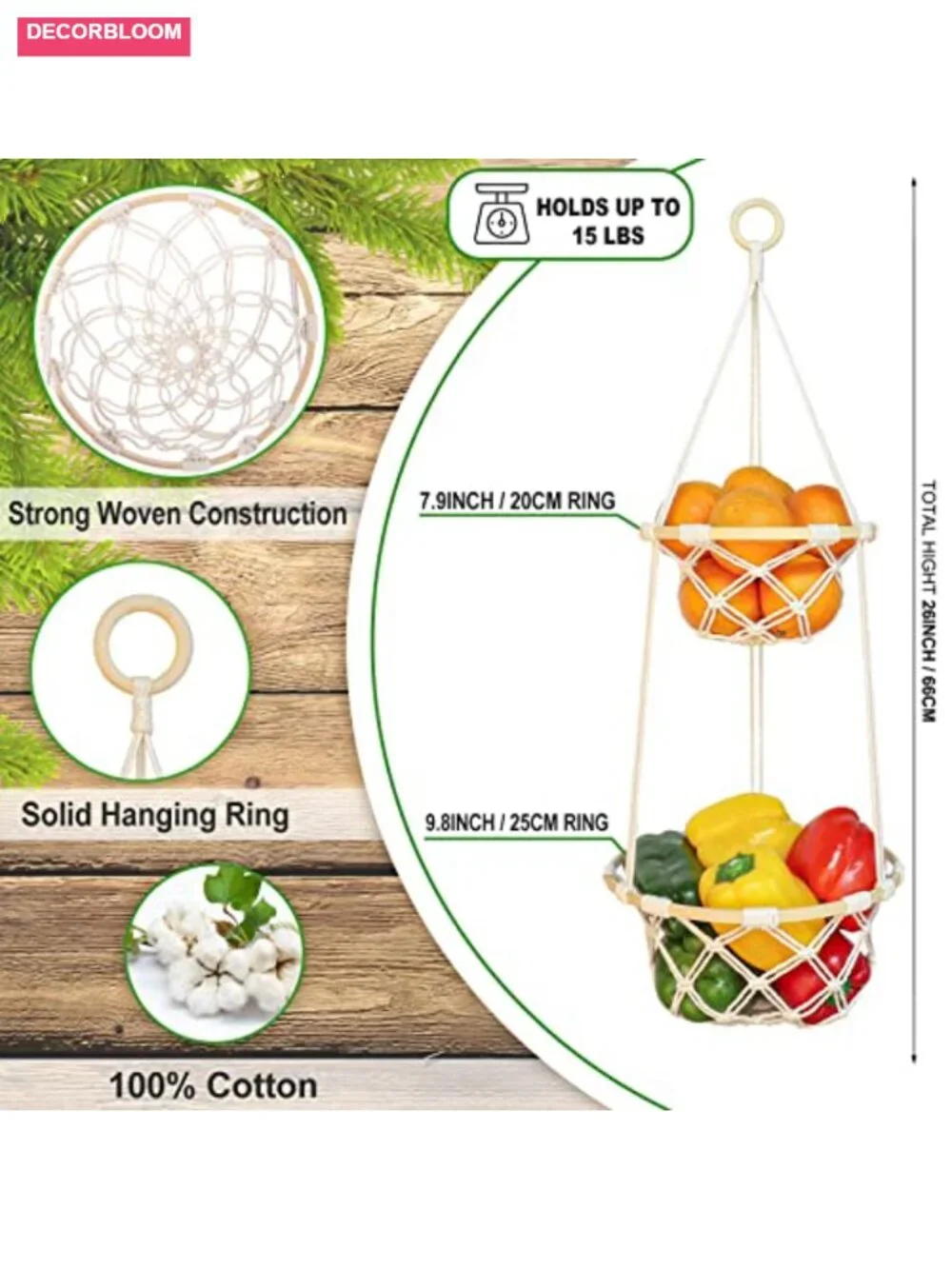 2 Tier Macrame Hanging Fruit Basket Boho Kitchen Storage with Hook